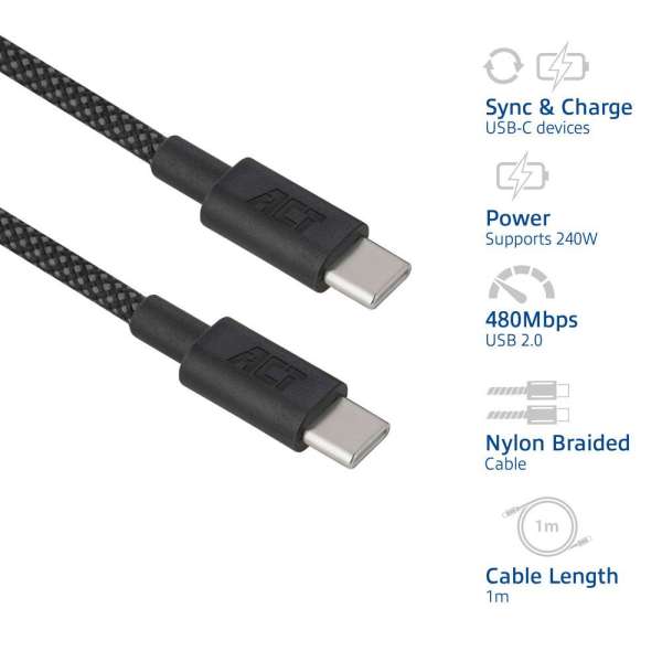 ACT USB 2.0 240W charging/data cable USB-C to USB-C 1m Black
