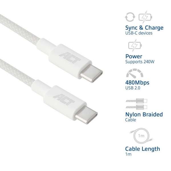 ACT USB 2.0 240W charging/data cable USB-C to USB-C 1m White