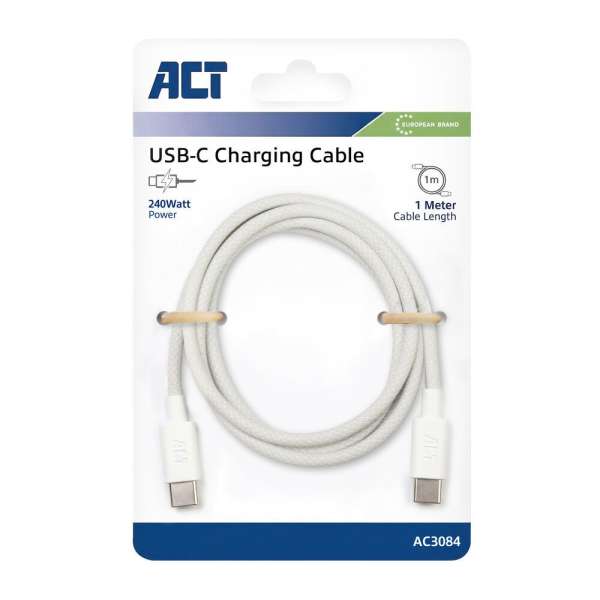ACT USB 2.0 240W charging/data cable USB-C to USB-C 1m White