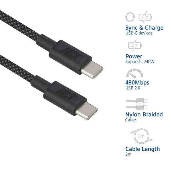 ACT USB 2.0 240W charging/data cable USB-C to USB-C 2m Black
