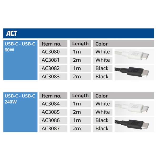 ACT USB 2.0 240W charging/data cable USB-C to USB-C 2m Black