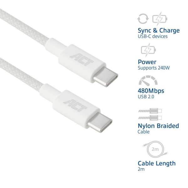 ACT USB 2.0 240W charging/data cable USB-C to USB-C 2m White