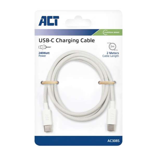 ACT USB 2.0 240W charging/data cable USB-C to USB-C 2m White