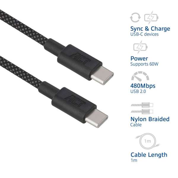ACT USB 2.0 60W charging/data cable USB-C to USB-C 1m Black