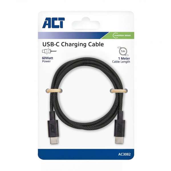 ACT USB 2.0 60W charging/data cable USB-C to USB-C 1m Black