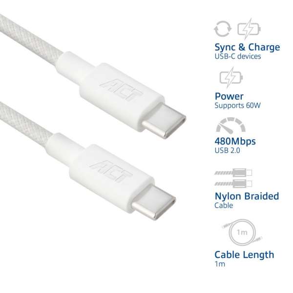 ACT USB 2.0 60W charging/data cable USB-C to USB-C 1m White