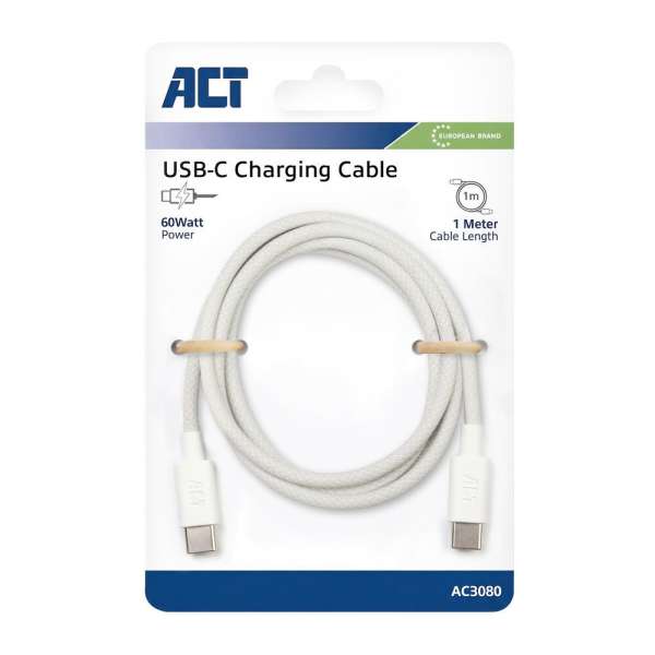 ACT USB 2.0 60W charging/data cable USB-C to USB-C 1m White