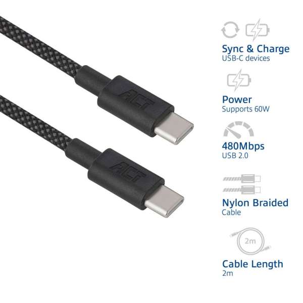 ACT USB 2.0 60W charging/data cable USB-C to USB-C 2m Black