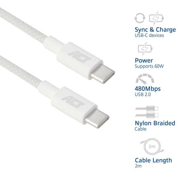 ACT USB 2.0 60W charging/data cable USB-C to USB-C 2m White