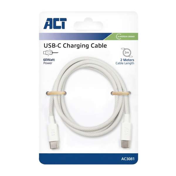 ACT USB 2.0 60W charging/data cable USB-C to USB-C 2m White