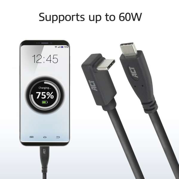 ACT USB 3.0 60W USB Type-C (straight) to USB Type-C (left/right angled) Cable 0,5m Black