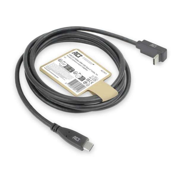 ACT USB 3.0 60W USB Type-C (straight) to USB Type-C (left/right angled) Cable 1m Black