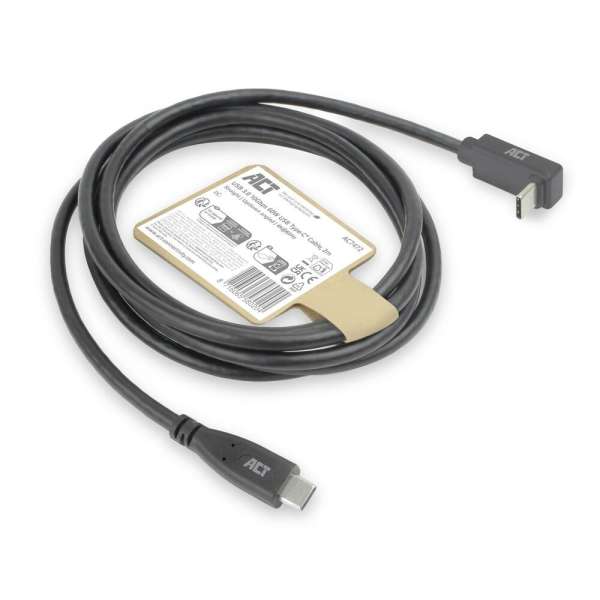 ACT USB 3.0 60W USB Type-C (straight) to USB Type-C (left/right angled) Cable 2m Black