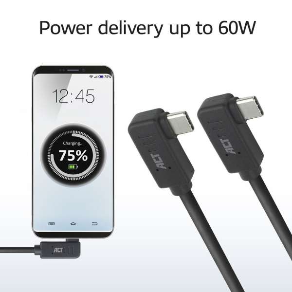 ACT USB 3.0 60W USB Type-C (left/right angled) to USB Type-C (left/right angled) Cable 1m Black
