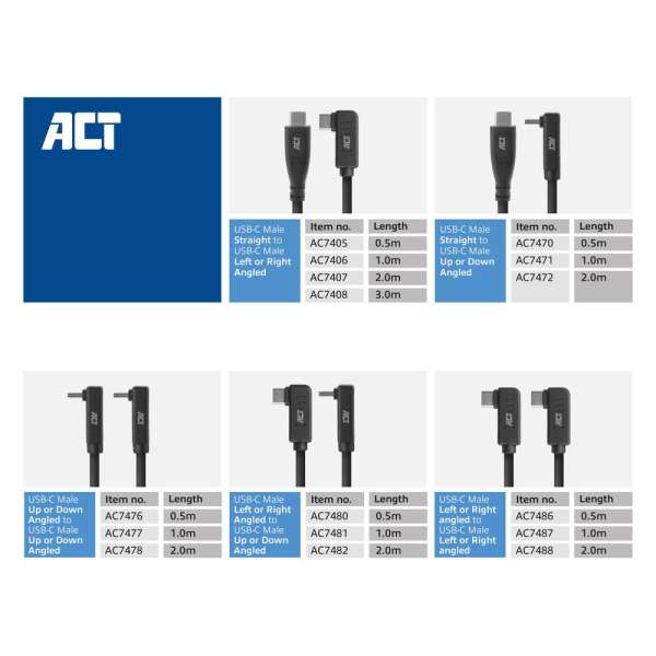 ACT USB 3.0 60W USB Type-C (up/down angled) to USB Type-C (up/down angled) 1m Black