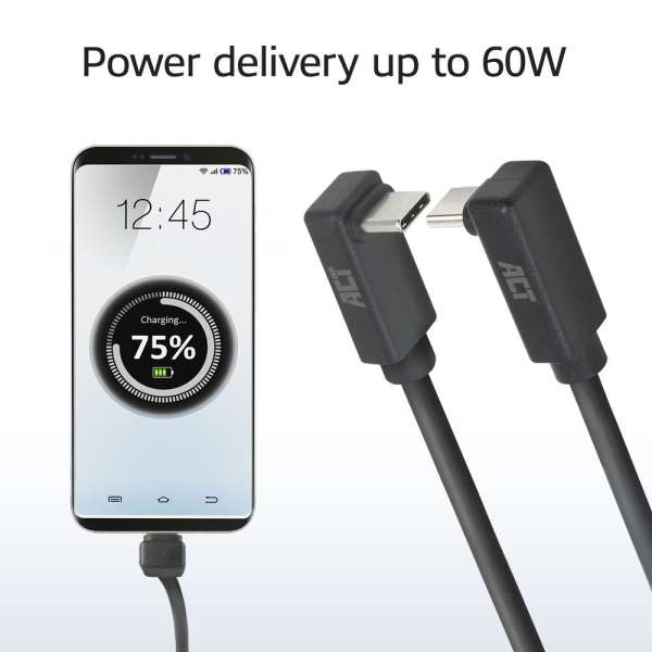 ACT USB 3.0 60W USB Type-C (up/down angled) to USB Type-C (up/down angled) 2m Black