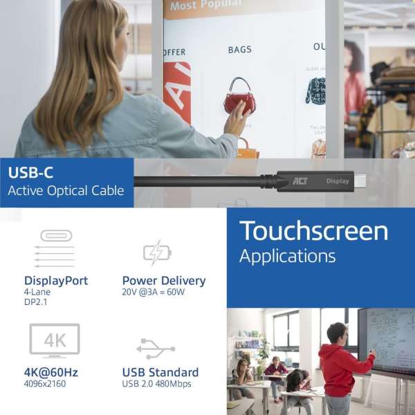 ACT USB-C 3.2 Gen2 Active Optical Cable (AOC) for touch panels video data, power 5m Black