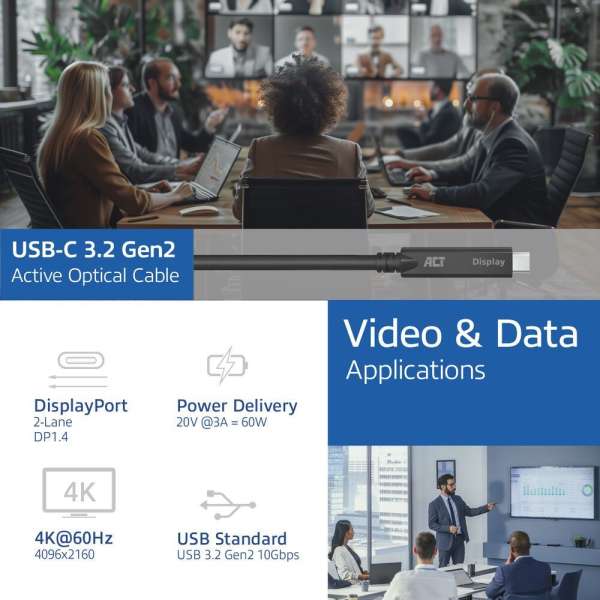 ACT USB-C 3.2 Gen2 Active Optical Cable (AOC) for touch panels video data, power 5m Black