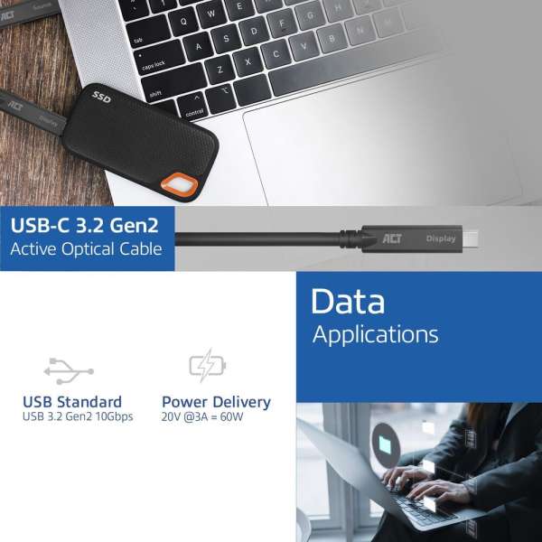 ACT USB-C 3.2 Gen2 Active Optical Cable (AOC) for touch panels video data, power 5m Black