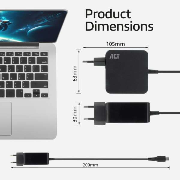 ACT AC2010 20V / 3,25A 65W Type-C univerzális hálózati notebook töltő
