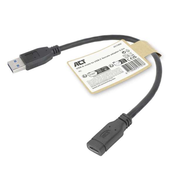 ACT USB Type-A male to USB Type-C female adapter cable 0,2m Black