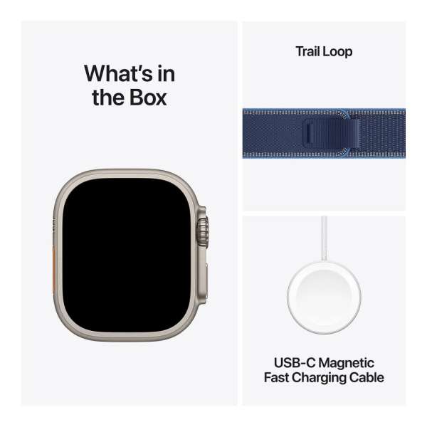 Apple Watch Ultra 3 Cellular 49mm Natural Titanium Case with Blue/Bright Blue Trail Loop S/M Apple Watch Ultra 3 Cellular 49mm Natural Titanium Case with Blue/Bright Blue Trail Loop S/M