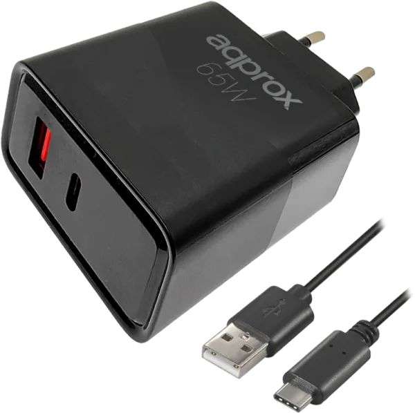 Approx APPUSBWALL65W Cargador 65WATT QC 1 X USB A+ 1 X USB C+cable Black
