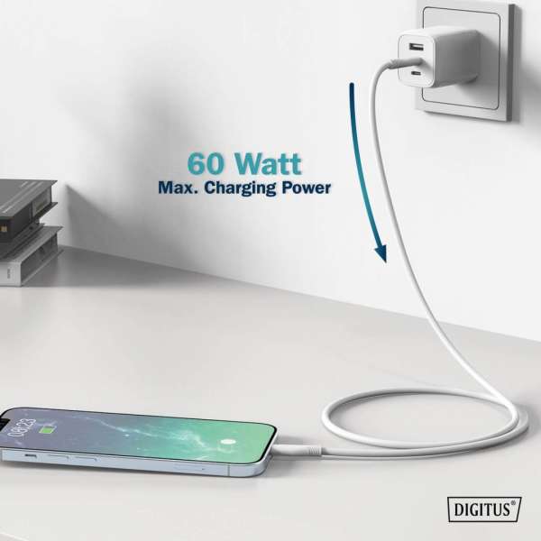 Assmann Lightningh to USB-C Silicone USB2.0 60W Cable 1m White