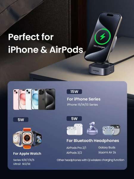 UGREEN Qi2 15W MagFlow 2-in-1 Wireless Charger Grey
