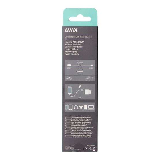 Avax CB301G STEELY USB-A - Type-C 60W 1,5m Cable Black/Grey