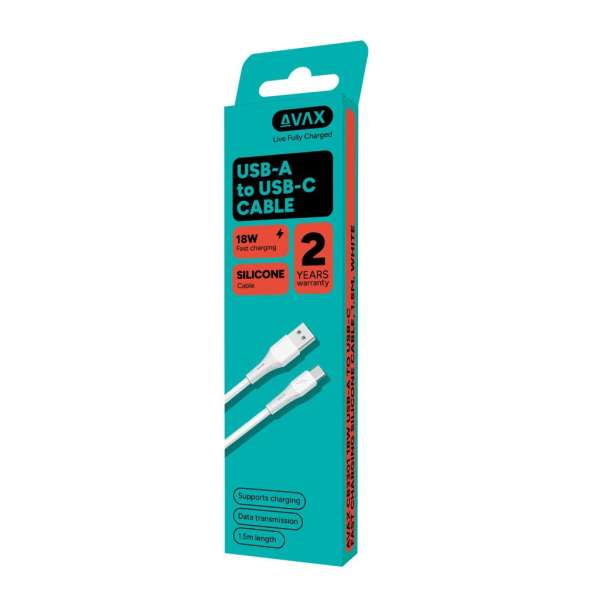 Avax CB3301 18W USB-A – USB-C silicone cable 1,5m White