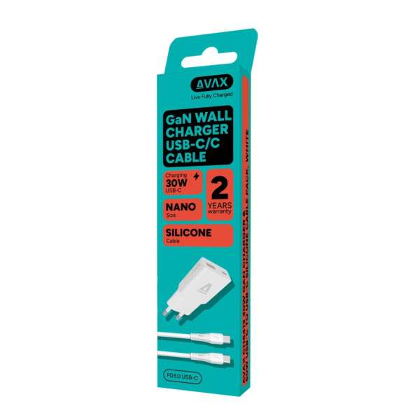 Avax CH6413 GaN charger with USBC-C cable White