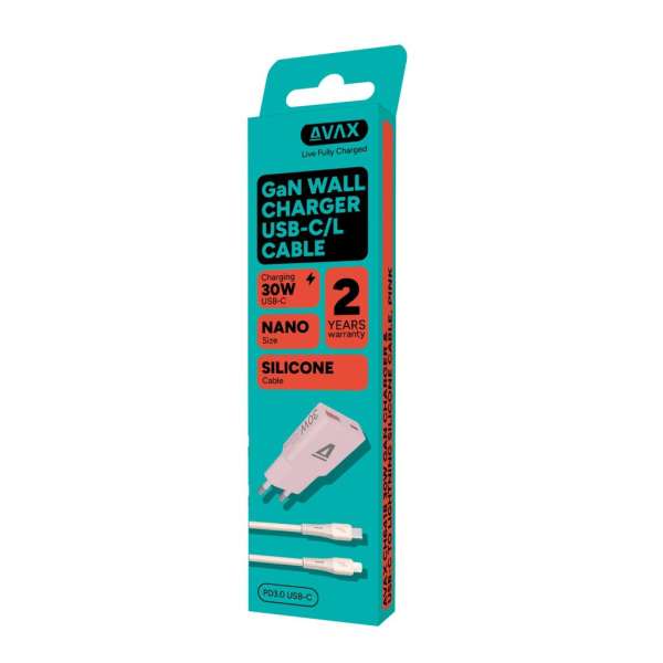 Avax CH6418 GaN charger with USBC-C to Lightning cable Pink