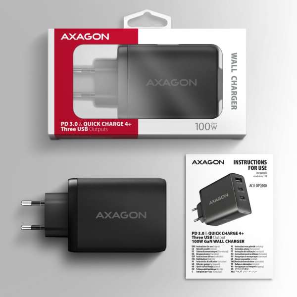 AXAGON ACU-DPQ100 PD3.0 & QC4 Three Outputs wall charger 100W Black