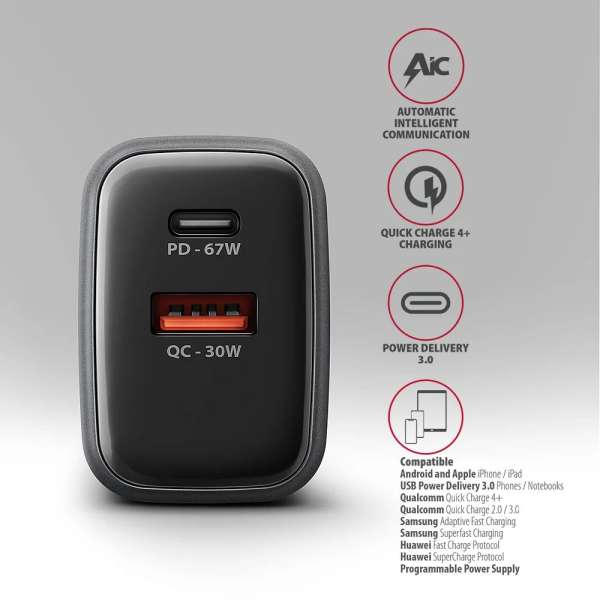 AXAGON ACU-PQ67 PD3.0 & QC4+ 2xOUTPUTS wall charger 67W Black