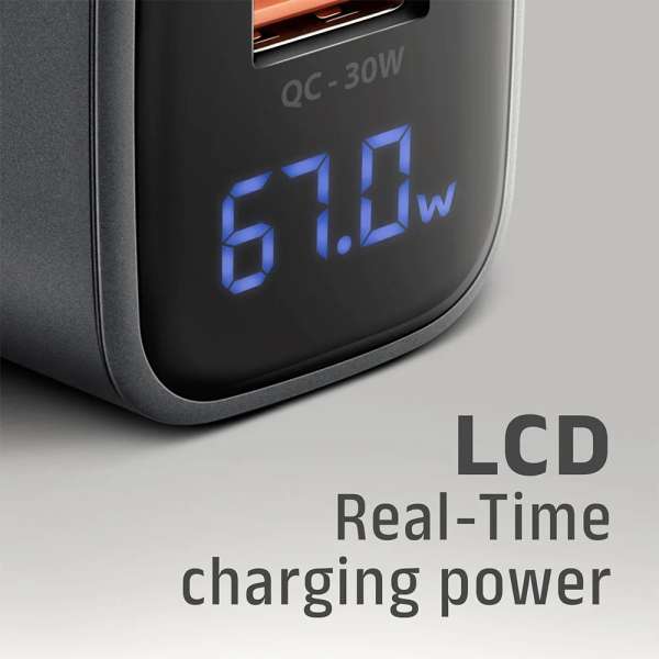 AXAGON ACU-PQ67D PD3.0 & QC4+ 2xOUTPUTS LCD display wall charger 67W Black