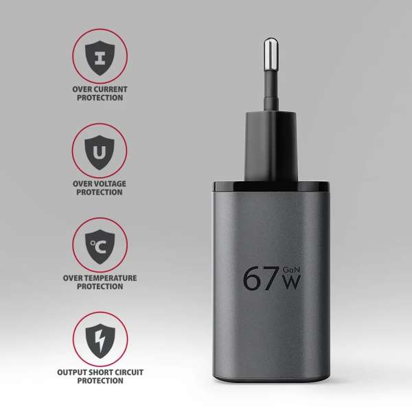 AXAGON ACU-PQ67D PD3.0 & QC4+ 2xOUTPUTS LCD display wall charger 67W Black