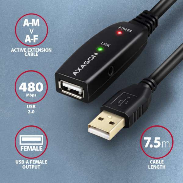 AXAGON ADR-207 USB Repeater cable 7,5m Black