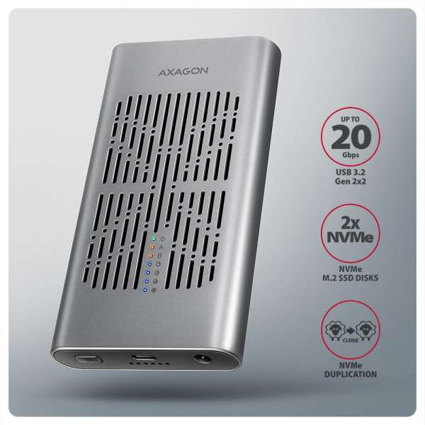 AXAGON EEM2-20GD USB-C 20Gbps Dual M.2 NVMe SSD Clone Mastert Enclosure