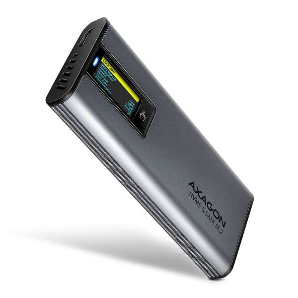 AXAGON EEM2-SD2 USB-C 10Gbps – M.2 NVMe & SATA SSD Display Box