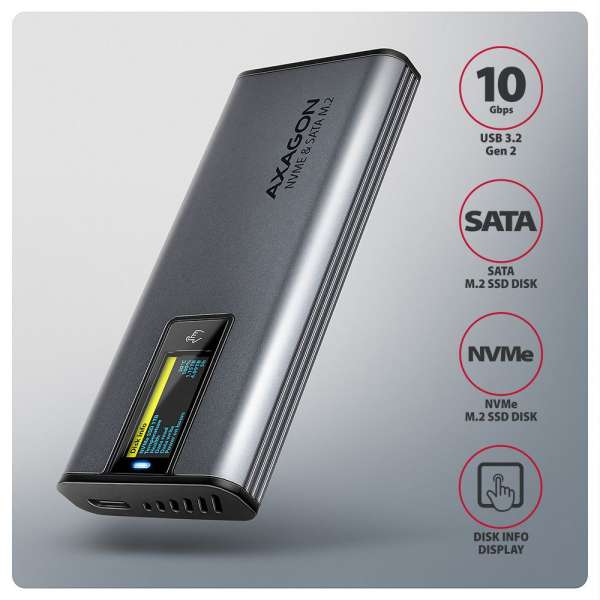 AXAGON EEM2-SD2 USB-C 10Gbps – M.2 NVMe & SATA SSD Display Box