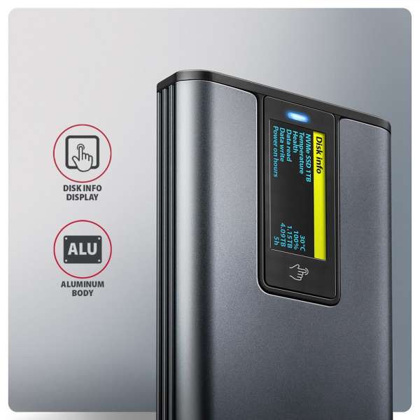 AXAGON EEM2-SD2 USB-C 10Gbps – M.2 NVMe & SATA SSD Display Box