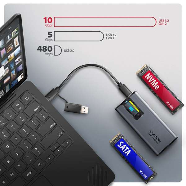 AXAGON EEM2-SD2 USB-C 10Gbps – M.2 NVMe & SATA SSD Display Box