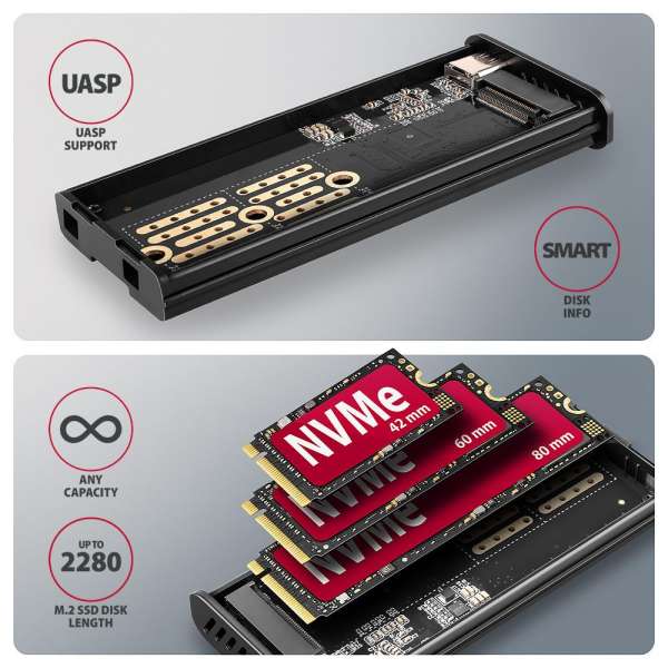 AXAGON EEM2-SD2 USB-C 10Gbps – M.2 NVMe & SATA SSD Display Box