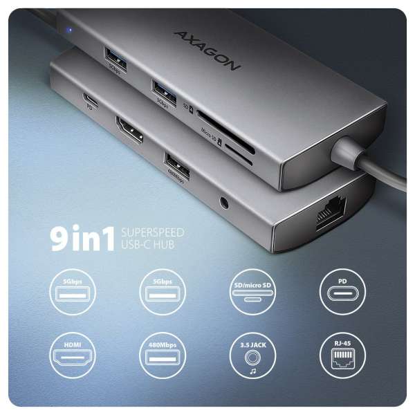AXAGON HMC-8HLSA USB-C 5Gbps 9in1 hub Grey