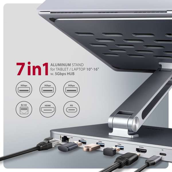 AXAGON HMC-STND Többportos USB-C 5Gbps hub és alumínium állvány laptopokhoz
