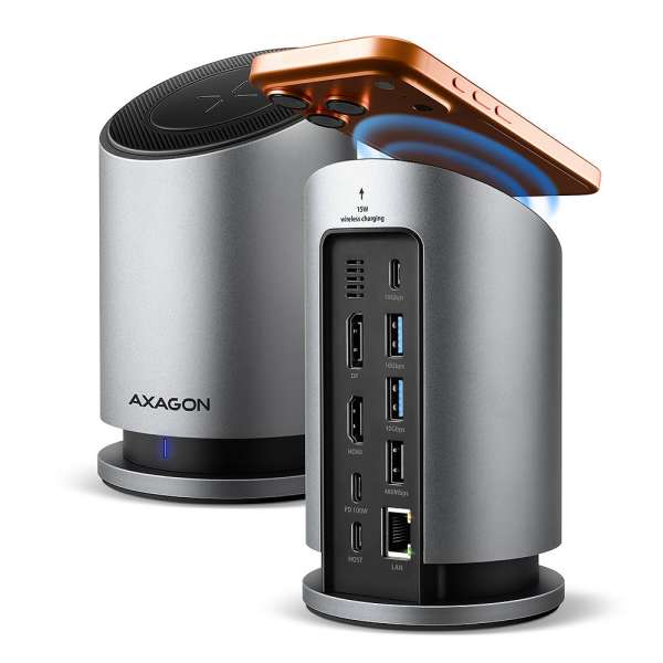 AXAGON HMC-WL9 9in1 hub USB-C 10 Gbps Wireless Charging Grey