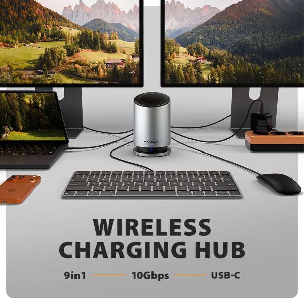 AXAGON HMC-WL9 9in1 hub USB-C 10 Gbps Wireless Charging Grey