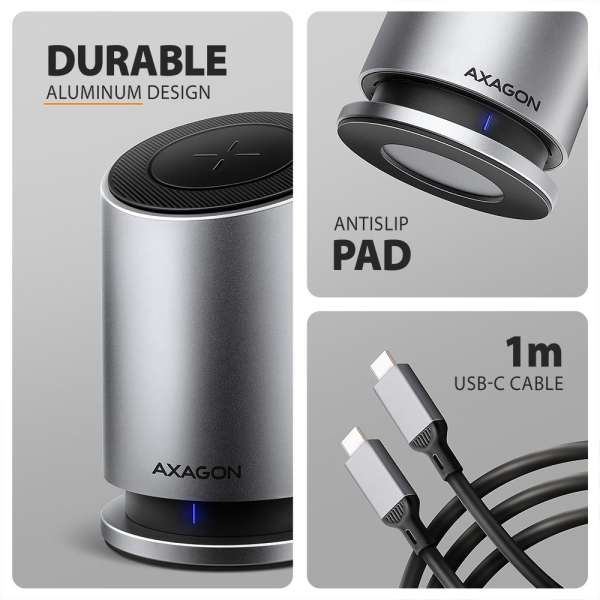 AXAGON HMC-WL9 9in1 hub USB-C 10 Gbps Wireless Charging Grey