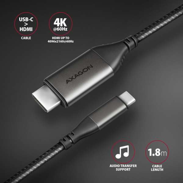 AXAGON RVC-HI2MC USB-C -> HDMI 2.0 adapter 4K/60Hz Aluminum 1,8m cable Black